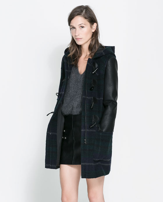 Zara plaid coat leather sleeves